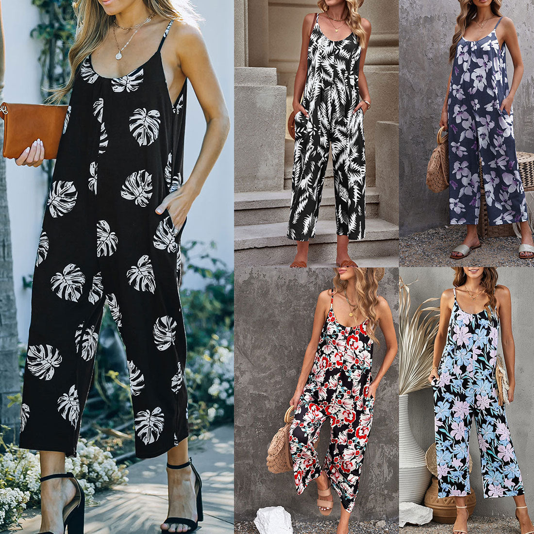 Akatonbo Flowers Print Suspender Jumpsuit With Pockets Spring Summer Fashion Round-Neck Overalls For Womens Clothing