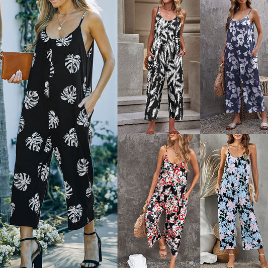 Akatonbo Flowers Print Suspender Jumpsuit With Pockets Spring Summer Fashion Round-Neck Overalls For Womens Clothing