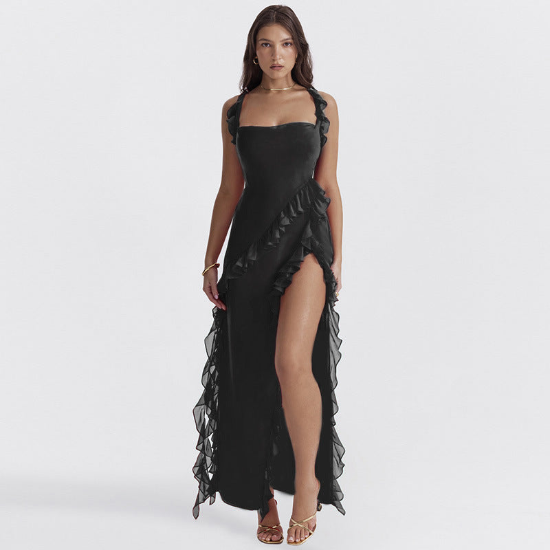 Robe Fendue Cuissarde Volantée Femme Sexy Bretelles Fines Col Carré Dos Nu Robes à Bretelles Pour Vêtements de Soirée