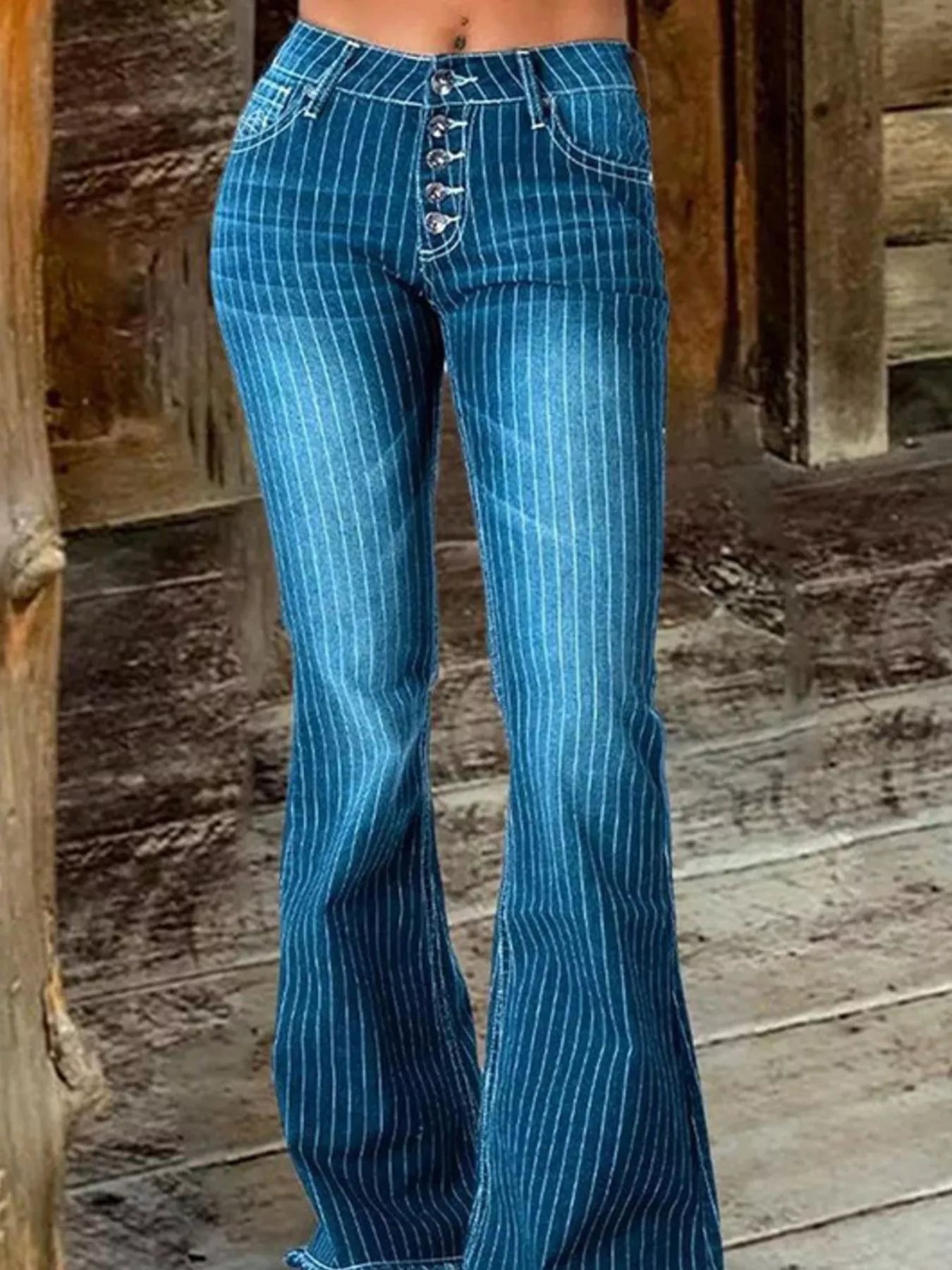 Shop Striped Button Fly Flare Jeans - Women's Fashion | Akatonbo
