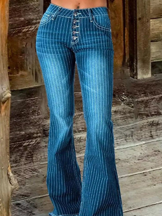 Shop Striped Button Fly Flare Jeans - Women's Fashion | Akatonbo
