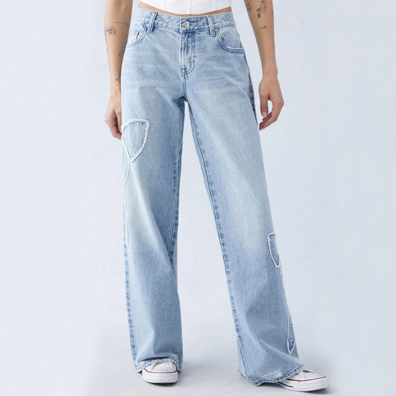 Women's Straight Trousers Embroidered Side Frayed Butterfly Jeans