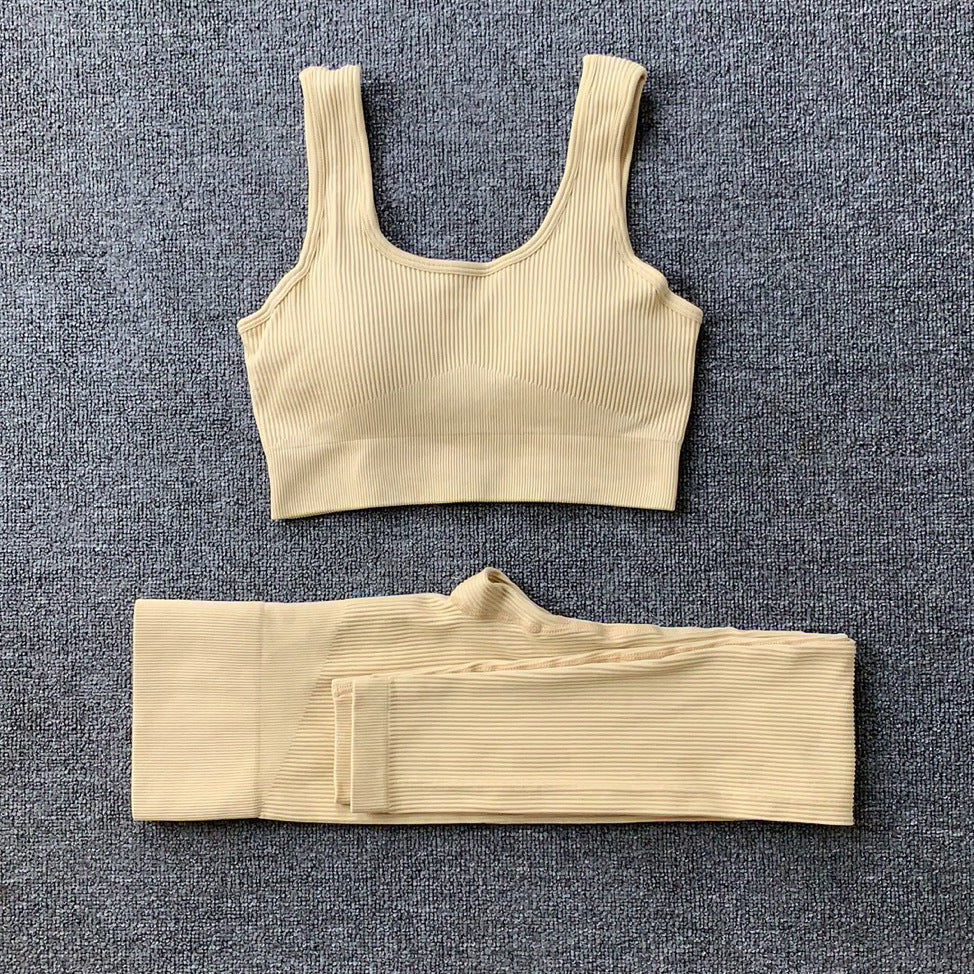 2 piezas Traje de yoga de hilo, sujetador sin costuras y leggings de cintura alta que levantan glúteos, conjunto para mujer, ropa deportiva, pantalones de fitness, atuendos de ropa