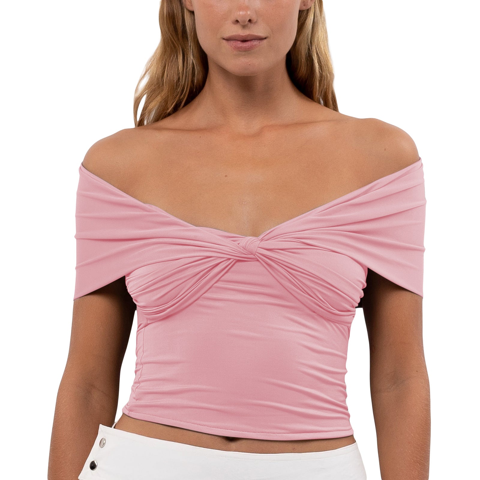 Off-shoulder Pleated Fitted Cropped Top