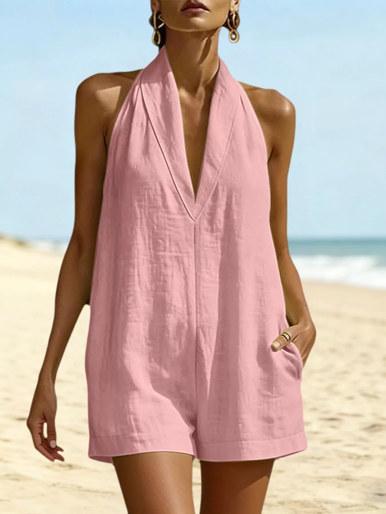 Shop Halter Neck Romper with Pockets - Women's Fashion | Akatonbo