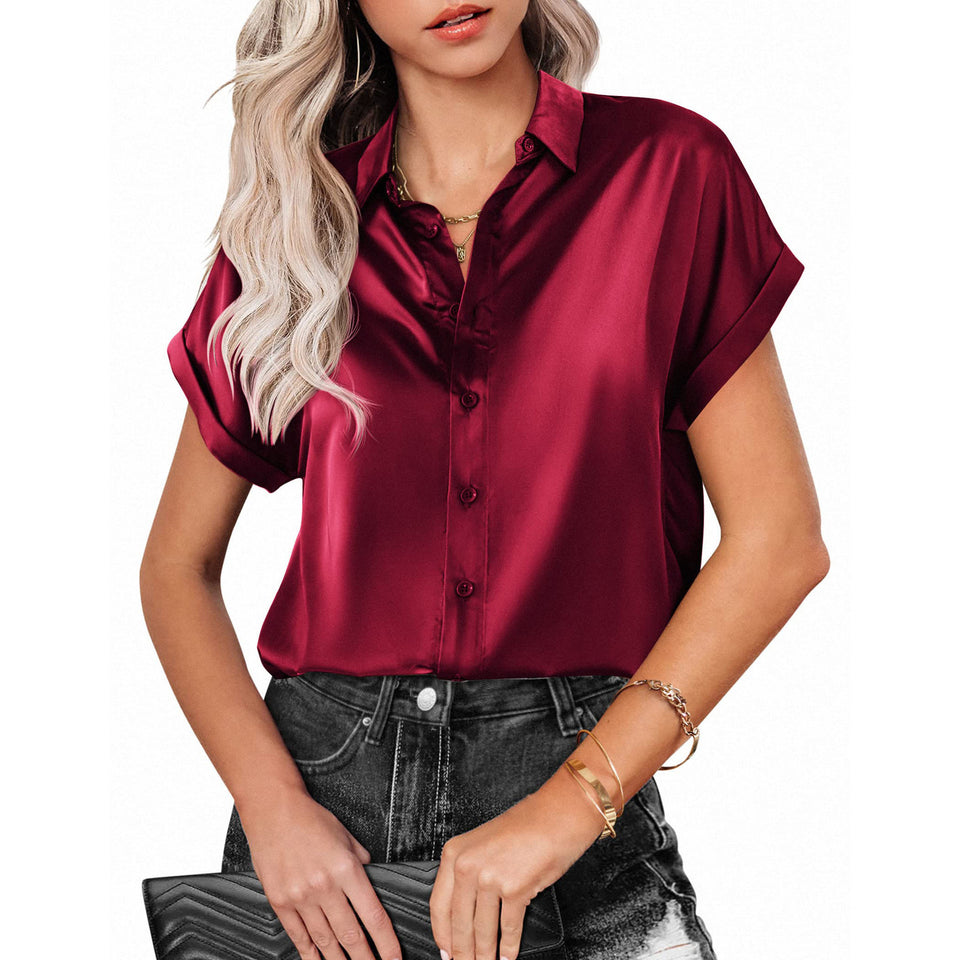 Lapel Button Short Sleeve Shirt Summer Casual Loose Solid Color Top