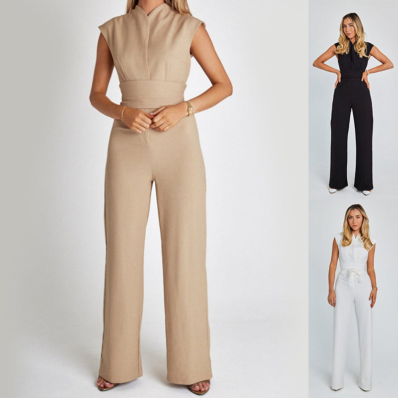 Elegant Sleeveless Jumpsuit Summer V-neck Casual Wide Leg Long Overalls