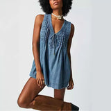 V-neck Sleeveless Denim Shorts Jumpsuit With Pockets