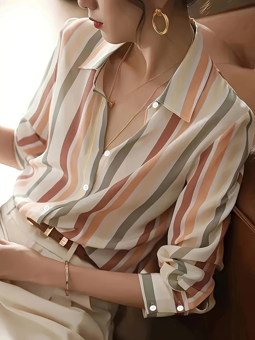 Ladies' Long-sleeved Striped Printed Versatile Casual Shirt