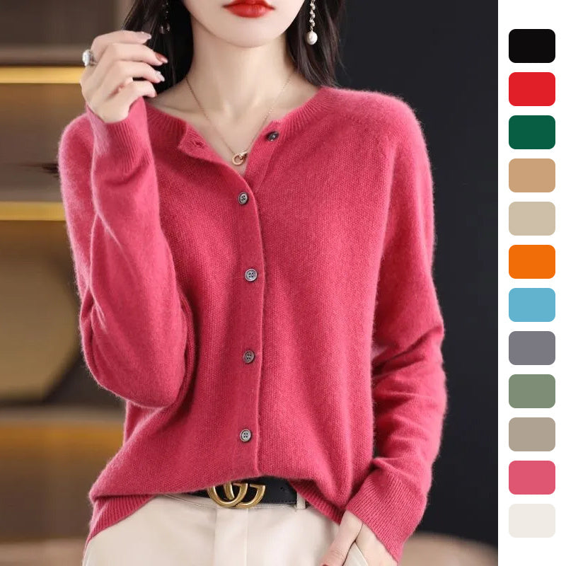 Cardigan en laine mérinos pour femmes, col rond, manches longues, en cachemire tricoté, printemps automne, hauts féminins