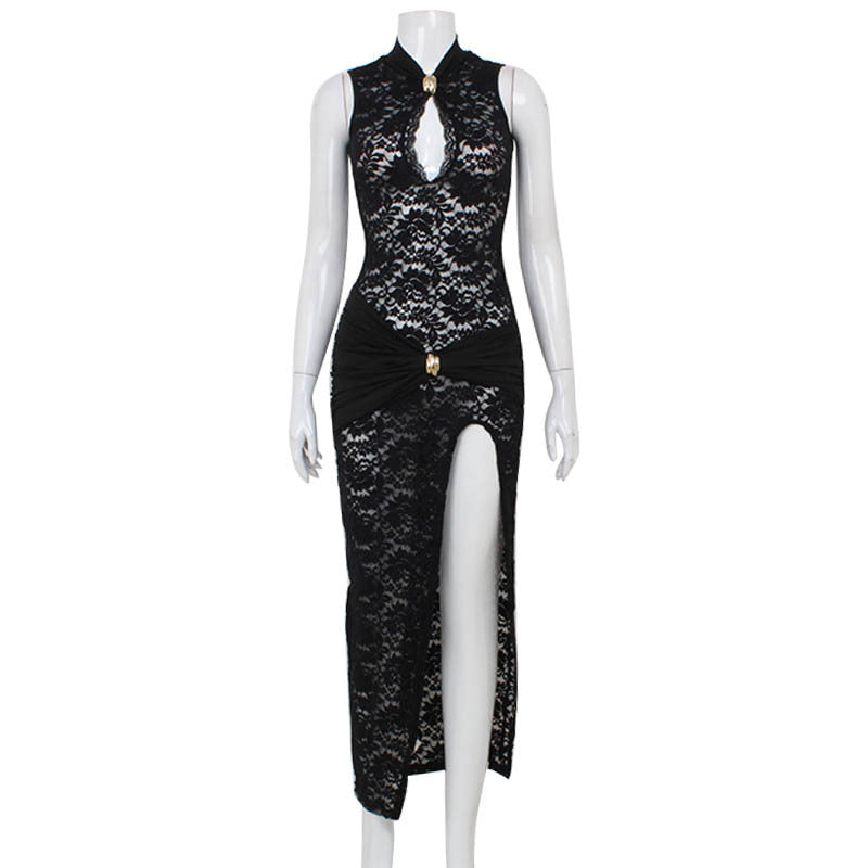 Vestido sin mangas ajustado de encaje calado sexy con abertura alta