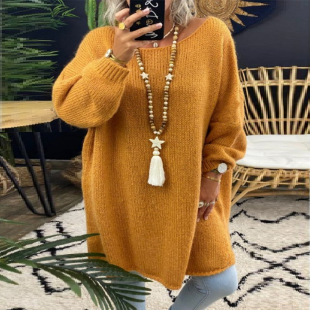 Pull mi-long col rond uni tricoté jaune décontracté style européen et américain