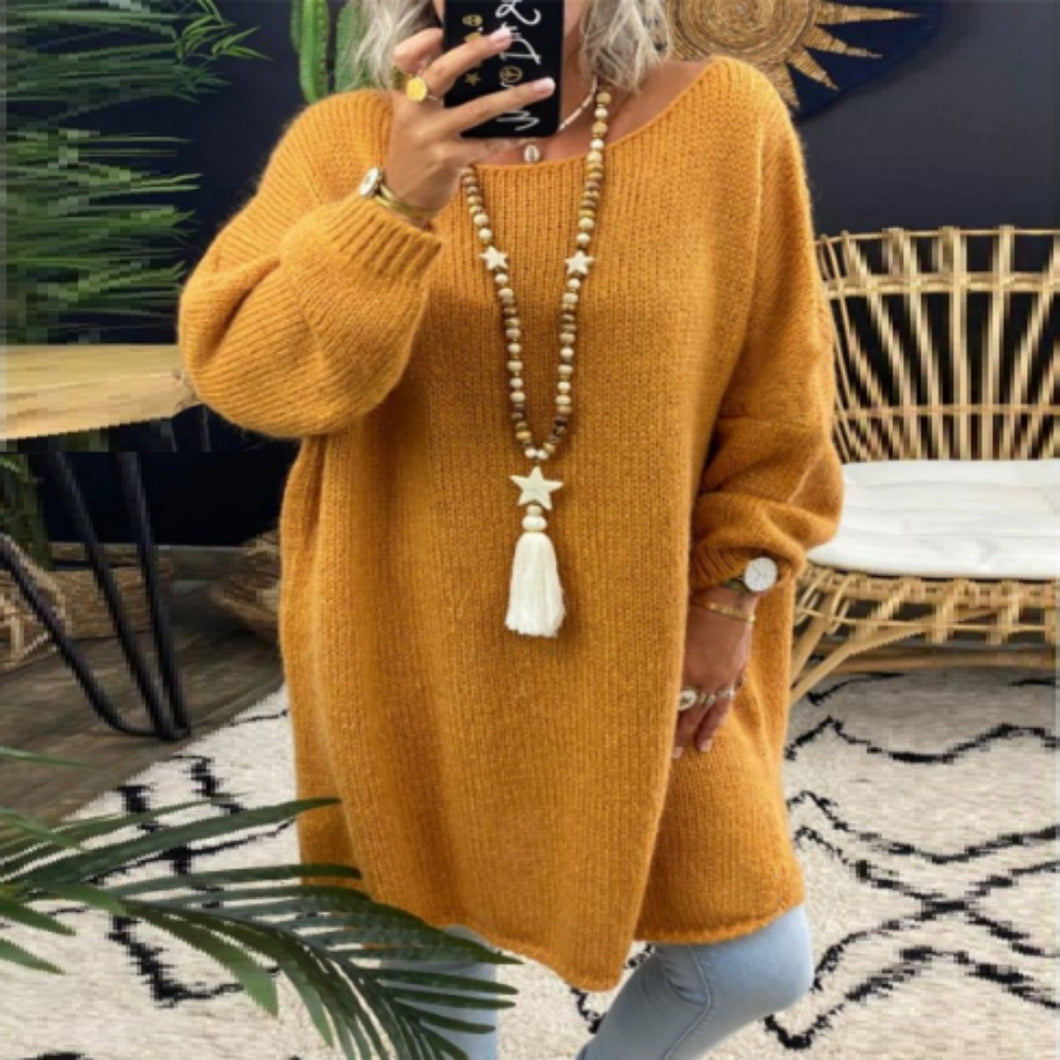 Mid-length Pullover Round Neck Solid Color Casual European And American Knitted Yellow Sweater