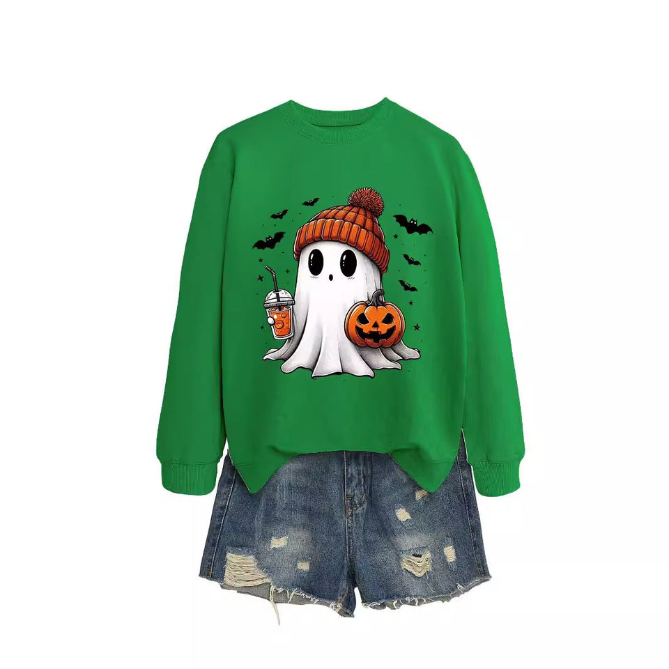 Fashion Long Sleeve Milk Tea Pumpkin Bat Printed Crew Neck Sweatshirt