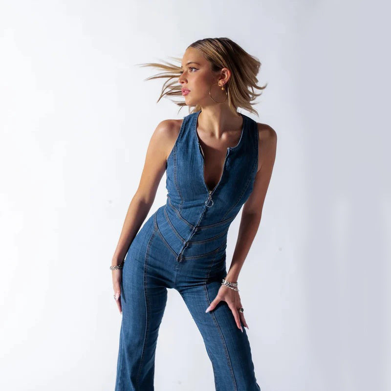 Summer Slim Heart-shape Backless Denim Jumpsuit Women Halter Neck Zip Up High Waist Retro Style
