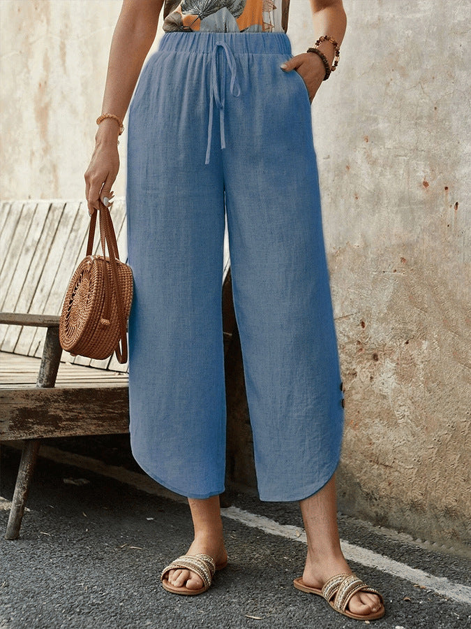 Cotton And Linen Drawstring Cropped Loose Pockets Casual Pants