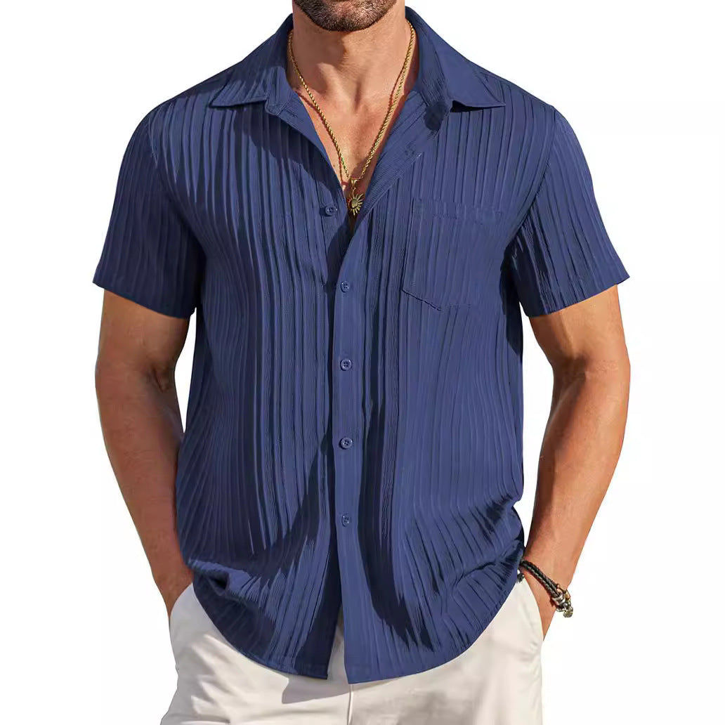 Polo Collar Solid Color Short Sleeve Button Shirt Men's Shirt
