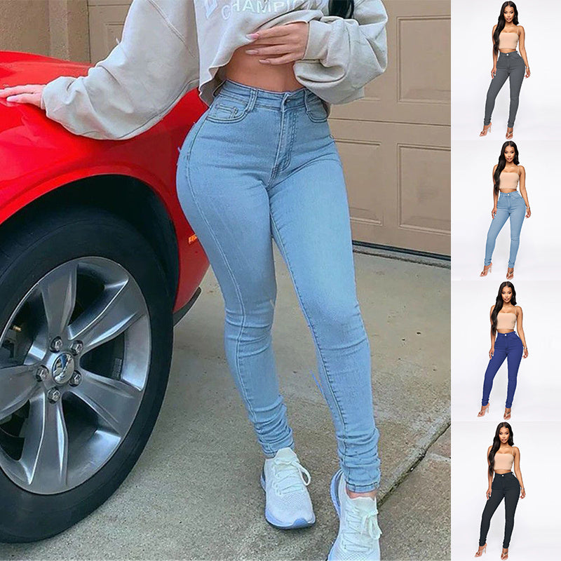 Fitted Jeans Pants For Women High Waist Trousers With Pockets
