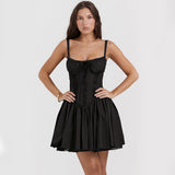 Sexy Lace Suspender Dress Summer Fashion Lace-up Slim Waist Pleated Short Dress