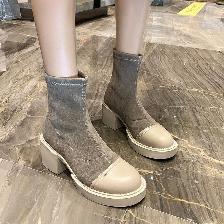 Women Short Boots With Thick Heel Stitching