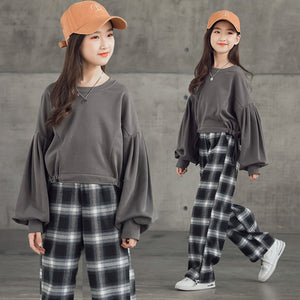 Girls' Set Children's Clothing Trendy Plaid Trousers Big Kids