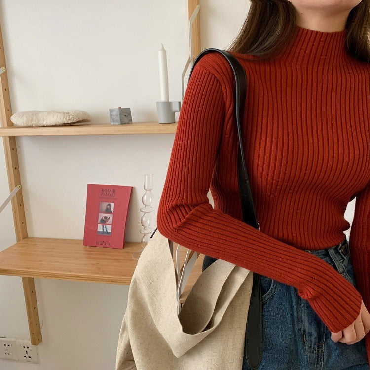Half-high Neck Slim-fit Sweater With Long Sleeves