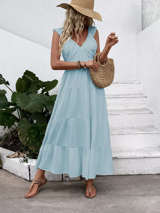 Shop V-Neck Tiered Dress with Flutter Sleeves - Women's Fashion | Akatonbo