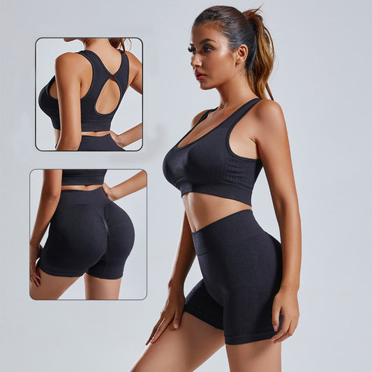 Akatonbo 2pcs Yoga Set Women'S Vest And Shorts Tracksuit Seamless Workout Sportswear Gym Clothing High Waist Leggings Fitness Sports Suits
