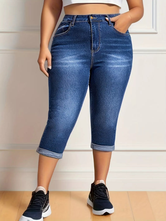 Shop Plus Size Rolled Hem High Waist Denim Capri Jeans - Women's Fashion | Akatonbo