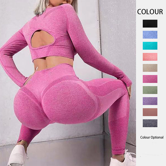 2 conjuntos deportivos de 2 piezas, tops de manga larga con diseño hueco y leggings deportivos de fitness sin costuras de cintura alta que levantan glúteos, ropa deportiva de gimnasio