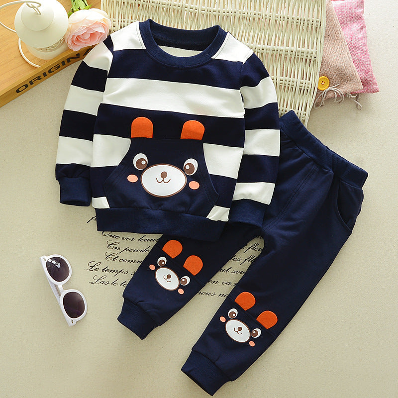 Children's Clothing Suit Boys And Girls Baby Cartoon Bear Striped Sweater Suit Children