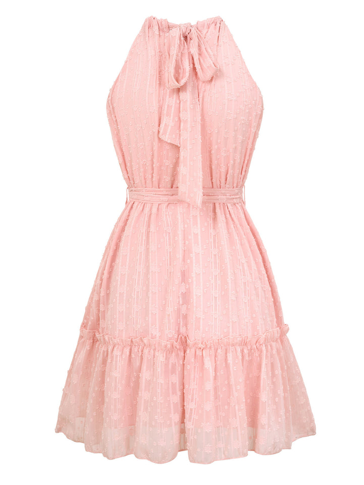 Solid Color Halter rneck Dress Summer Casual Lace Tie Waist