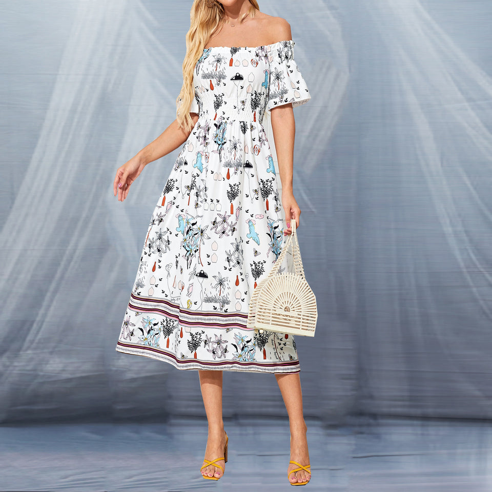 One-Line Neck Fitted Dress Printed Swing Skirt