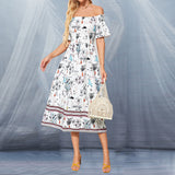 One-Line Neck Fitted Dress Printed Swing Skirt