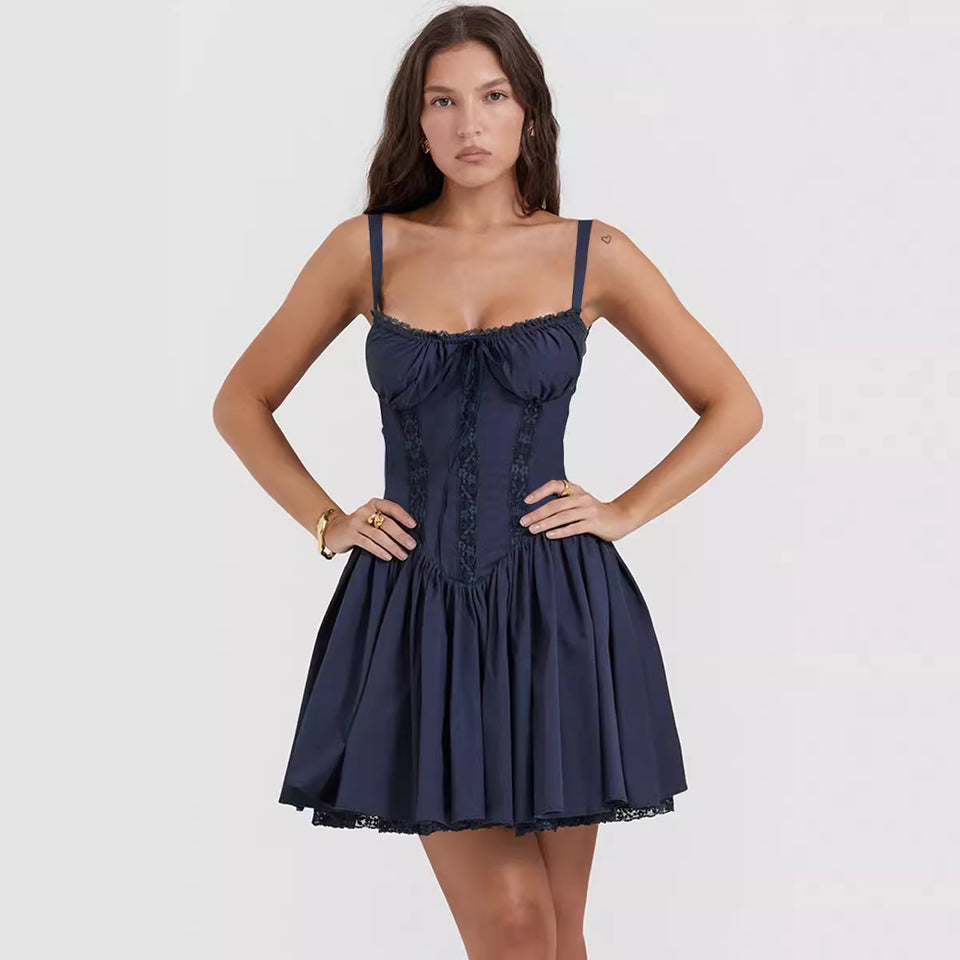 Sexy Lace Suspender Dress Summer Fashion Lace-up Slim Waist Pleated Short Dress