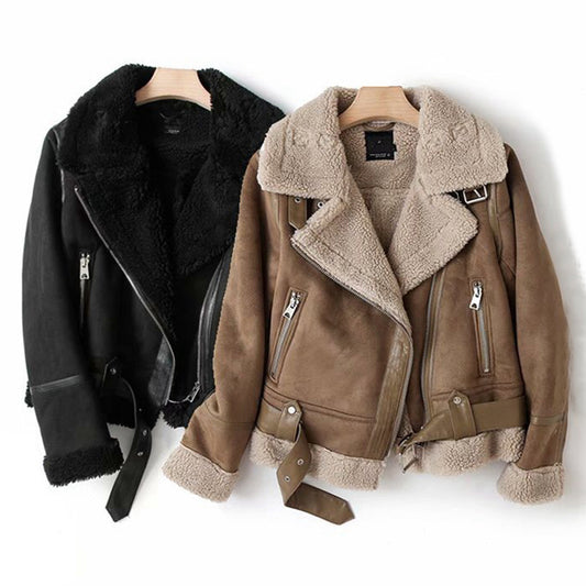 Chaqueta de invierno con solapa, gamuza, lana de cordero, abrigo cálido, ropa de moto para mujer.
