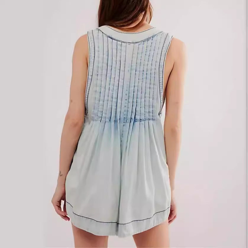 V-neck Sleeveless Denim Shorts Jumpsuit With Pockets