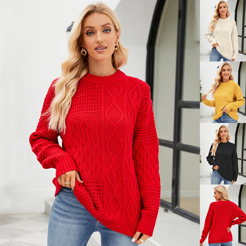 Suéter casual de cuello redondo, tejido de punto trenzado de color liso para otoño e invierno, tops para mujer