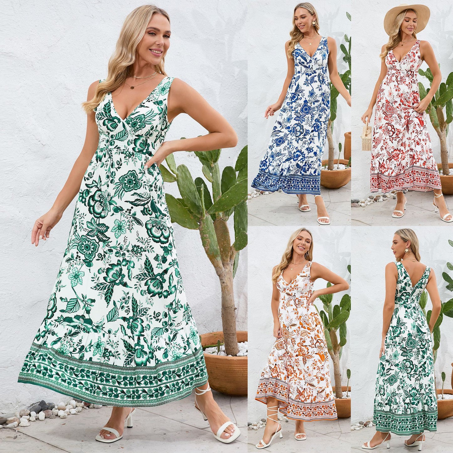 Akatonbo Fashion Floral Print V-Neck Dress Summer Sexy Slim Fit Sleeveless Long Dress