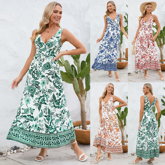 Akatonbo Fashion Floral Print V-Neck Dress Summer Sexy Slim Fit Sleeveless Long Dress