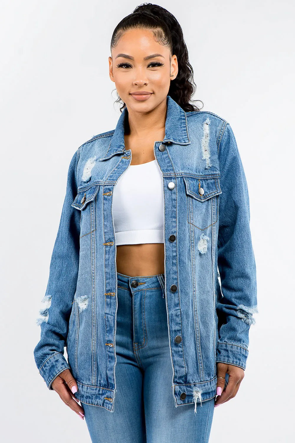 Chaqueta vaquera desgastada American Bazi con botones y de talla completa