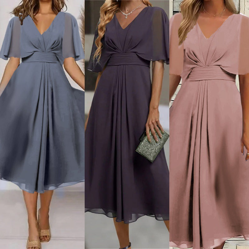 Fashion Solid Color And V-neck Waist Trimming Casual Swing Dress