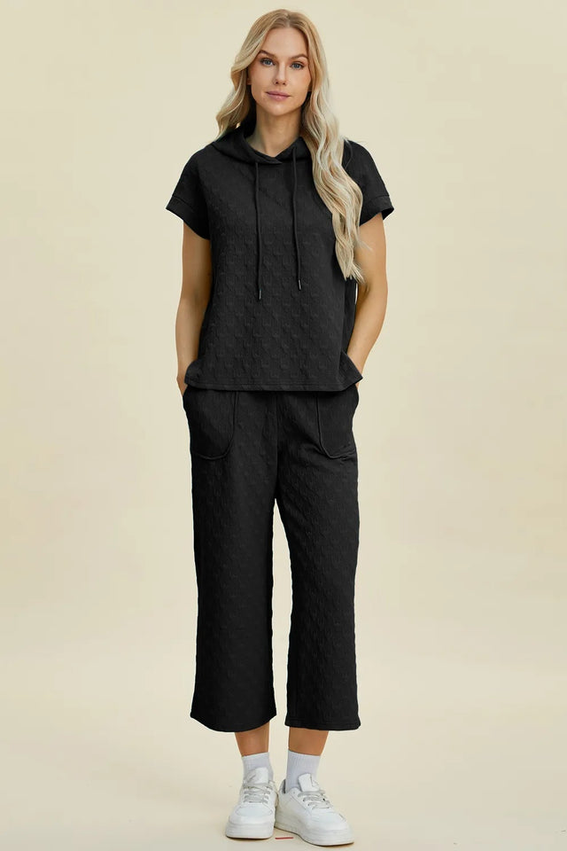Double Take Full Size Texture Drawstring Short Sleeve Hoodie And Pocketed Pants Set