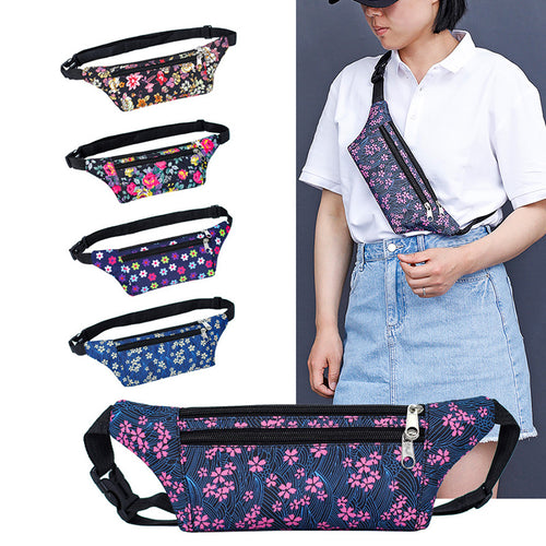 Flower Print Waist Bags Women Sports Running Fanny Pack With Double Zippers