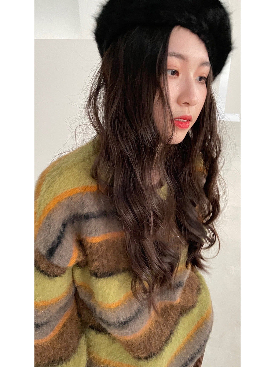 Women's Blue Striped Round Neck Loose Knitted Sweater