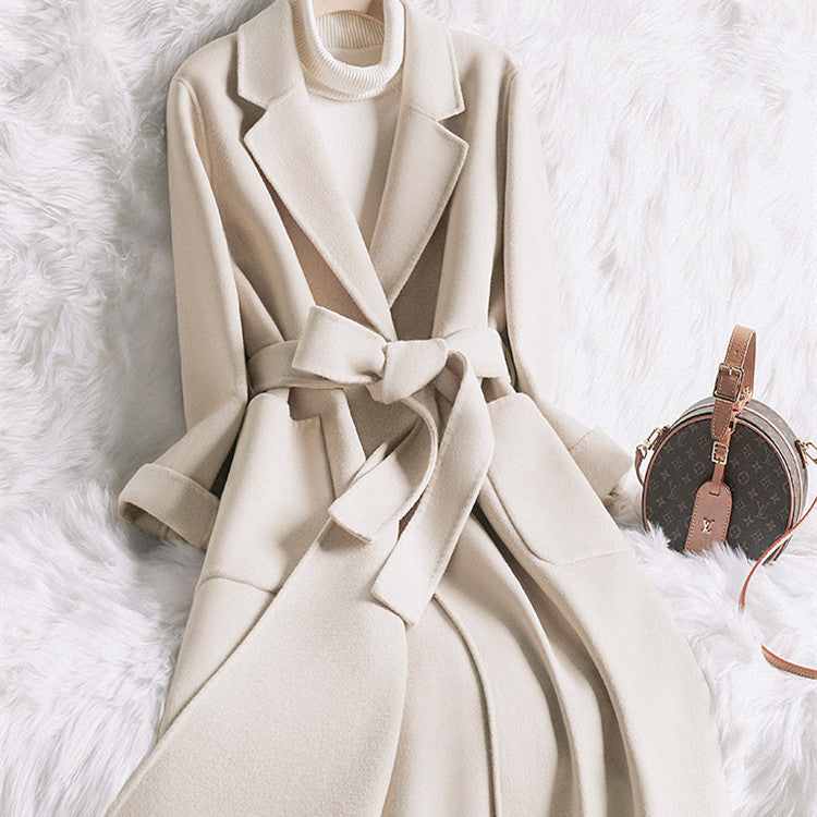 Manteau en Laine Crème-Blanc Coupe Slim pour Femme, Style Élégant Automne-Hiver