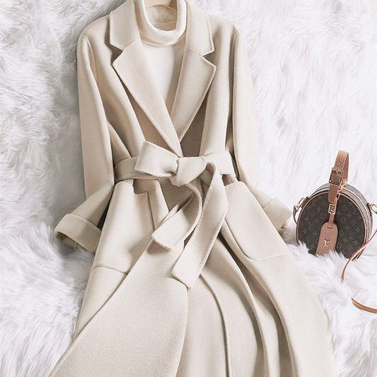 Abrigo de lana cremoso, blanco, temperamental y entallado para mujer, para otoño e invierno