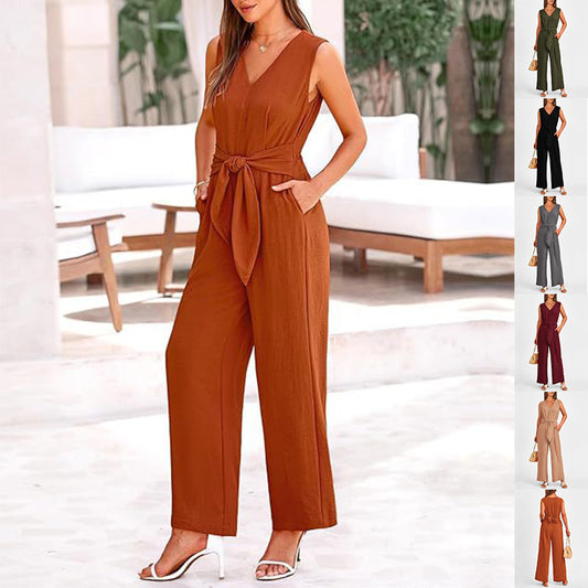 Akatonbo New V-Neck Sleeveless Long Jumpsuit With Pockets And Lace-Up Design Wide-Leg Straight Trousers Summer Womens Clothing