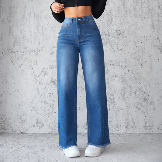Akatonbo Fashion Straight Wide-Leg Jeans Casual High-Waist Non-Elastic Womens Clothing