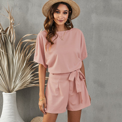 Women's Round Neck Short-sleeved Lace-up Jumpsuit Short set